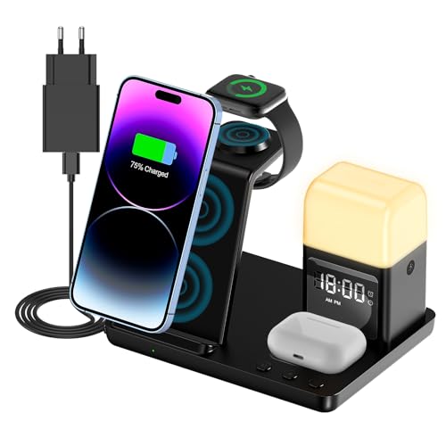 Chargeur sans Fil 6 en 1, Chargeur Induction Rapide certifié Qi 15W avec Affichage de l'heure, Veilleuse et Réveil pour iPhone 16 15 14 13 12 Pro Max Apple Watch Airpods Samsung Xiaomi Redmi Google