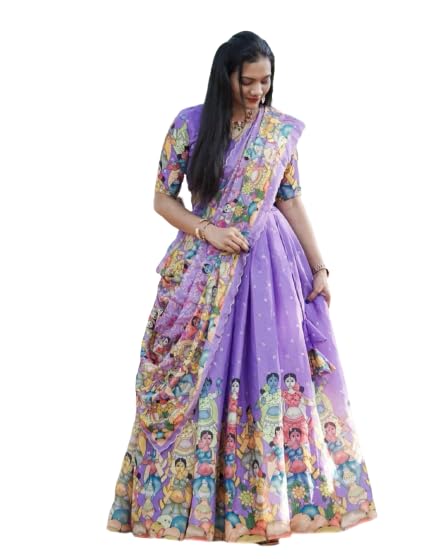 Semi-Stitched Lehenga Choli For Womens Vichitra Silk With Sequence Embroidery Work With Kalamkari Print Lehenga Choli (Levender), Lavender-image-0