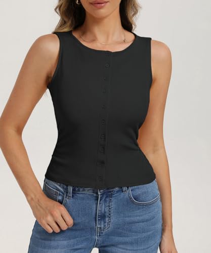 Image of Belle Poque Womens Button Down Tank Tops Ribbed Summer Vest Slim Fit Crop Going Out Tops Open Front Sleeveless Y2K Clothes