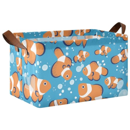 Ollabaky Collapsible Rectangular Closet Storage Bin Clown Fishes Animal Shelf Basket Box with Leather Handles - Storage Cube, Nursery Storage, Laundry...