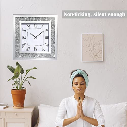 Hmrcyte Crystal Glass Wall Clock, 15.8" Silver Square Large Crushed Diamond Mirror Silent Wall Clock, Luxury Wall Clock For Living Room Bedroom School Home Office Decor,Aa Battery Not Included #TOP2