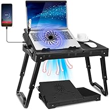 Laptop Table Stand for Bed, Adjustable Laptop Desk for Bed, Portable Desktop Lap Desk with Cooling Fan and 4 USB Port, Foldable Computer Lap Desk for Bed Sofa Couch FloorBlack
