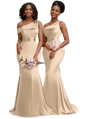 Satin Bridesmaid Dress One Shoulder Corset Prom Dresses Mermaid Formal Evening Gowns Champagne