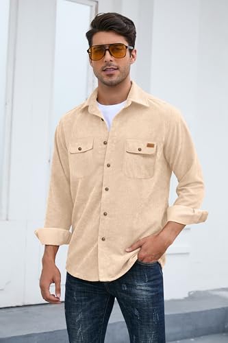 Image of Comdecevis Cotton Lightweight Jackets for Men Fitted Corduroy Shirts Shackets Button Shirts Coat with Flap Pockets Light Khaki Large