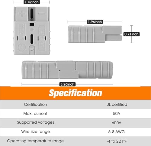 Yerleomit Anderson Stecker 50A, 4 Pack Batterie Stecker Anderson Stecker Batterieanschluss 50A 600V Stecker Batterieanschluss Quick Connect Akku Schnellanschluss für Auto Wohnmobil Wohnwagen Grau