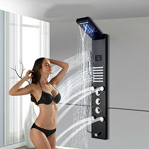 Columna de Ducha LED con Sistema Torre, Chorro Lluvia y Masaje, Acero Inoxidable Negro miniatura 1