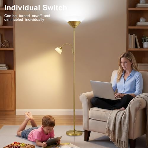 Image of SIBRILLE 2-in-1 Torchiere Floor Lamp, 34W Super Bright LED Standing Lamp with Remote & Touch Control, 72 inch Dimmable Adjustable Corner Reading Lamp for Living Room, Bedroom, Office, Gold