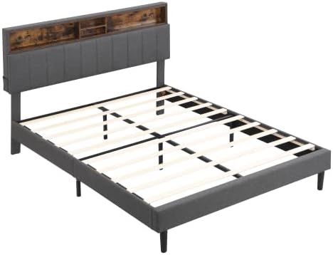 Miniatura 5 de Base de cama Queen con puertos USB y tomacorrientes, cama de plataforma tapizada con cabecera de almacenamiento, tamaño Queen con cabecera de