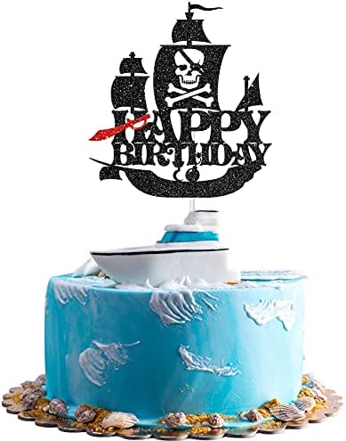 Black Glitter Pirate Themed Birthday Cake Topper, Pirate Themed Birthday Party Decorations for Kids Boys Men