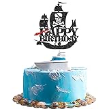 Black Glitter Pirate Themed Birthday Cake Topper, Pirate Themed Birthday Party Decorations for Kids