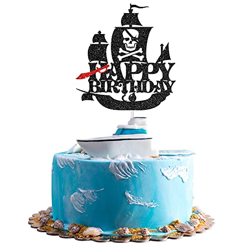 Black Glitter Pirate Themed Birthday Cake Topper, Pirate Themed Birthday Party Decorations For Kids Boys Men #TOP14