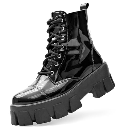 Coturno Tratorado Feminino Salto Grosso Moda Plataforma Bota Verniz Preto35