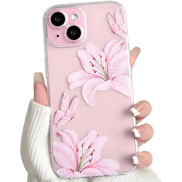 NITITOP Etui dla iPhone 13 Przejrzysty Urocza Wzór Kwiatu Lilii Motyli dla Kobiet i Dziewcząt Estetyczny Ultra Cienkie Miękki TPU Przeciw Żółknięciu Ochronny - Różowy