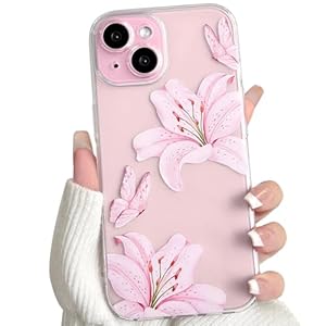 NITITOP Compatible with iPhone 15 Case Clear Cute Butterfly Lily Flower Floral Pattern for Women Girls Full Camera Lens Clear Slim Shockproof Protective Phone Cover – Pink