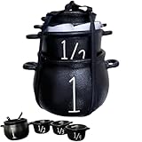 Mini Witch Cauldron Set - 4-Piece Black Cauldron with Handles, Measuring Cups for Halloween Candy, Kitchen Baking, and Spooky Indoor/Outdoor Decor (Black)