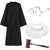 HFZCV Schwarzes Richter Kostüm Set für Erwachsene, Robe mit Richterhammer, Brille und Spitzenkragen, Gericht Kostüm für Karneval, Motto Party, Theater & Rollenspiel