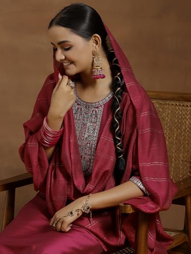 Image of Libas Gerua Womens Yoke Design Silk Blend Straight Kurta With Trousers and Dupatta | daily wear suit