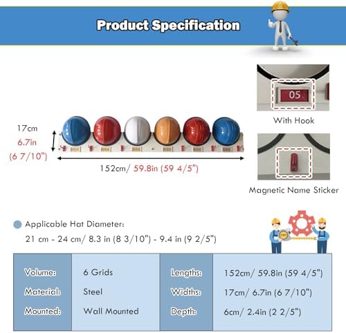 Multifunctional Wall-Mounted Hard Hat Storage Rack - 5/6 Grids Organizer for Office, Workshop, Garage, Fire Station - 127cm (50") Display Hanger for Safety Helmets