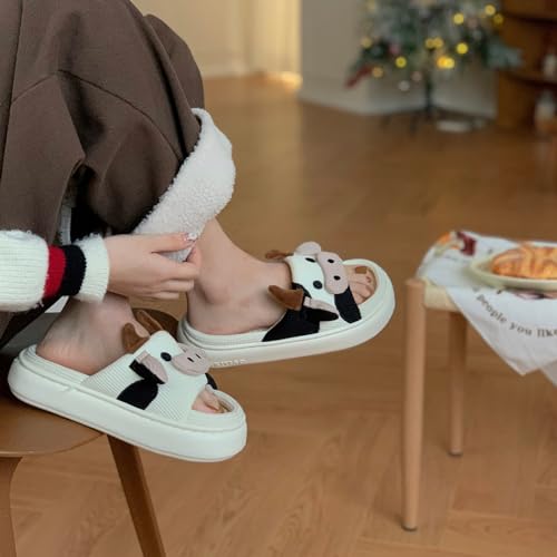 XIXITIAO Cow Slippers for Women/Men Indoor, Cute Cartoon Animal House Shoes, Comfortable Cotton Linen Bedroom Kawaii Cloud Slides3