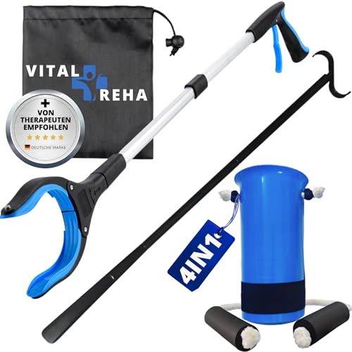 VitalReha 4in1 Hüft-Op Reha Set Greifzange Anziehhilfe Schuhlöffel | Komplettset inkl. Tasche | Sockenanziehhilfe Strumpfanziehhilfe für Senioren für Socken Kompressionsstrümpfe nach Hüftoperation