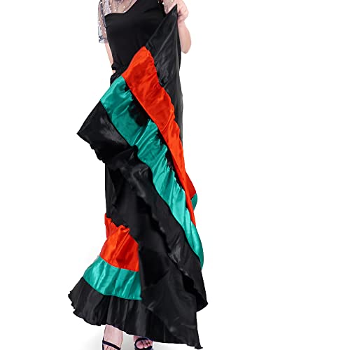Adult Ruffles Black Red Green Maxi Long Dance Skirt For Mexican Flamenco Halloween Costume (Black Skirt-Green/Red Ruffles) #TOP3