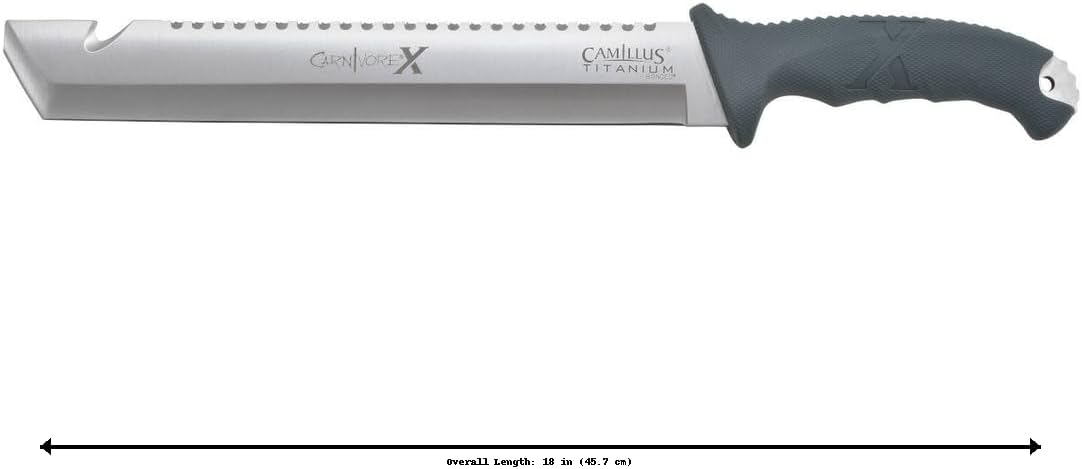 Camillus Carnivore X 18" Machete – Titanium Bonded 12” Blade & Saw Back, Full Tang, Gray Handle, Trimming Knife & Nylon Sheath for Camping & Brush Clearing