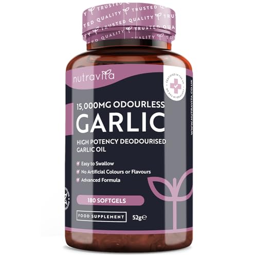 Premium Garlic Capsules - Odourless High Strength 15 000mg - 180 Soft Gel Capsules of Deodourised Cold Pressed Garlic Oil from Allium Sativum 6 Month Supply - Made in The UK by Nutravita