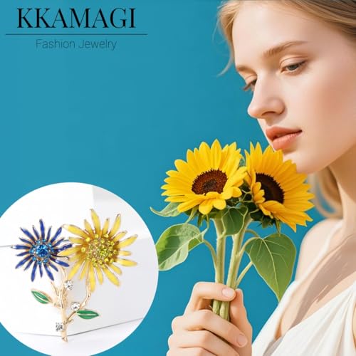 Image of Double Sunflower Brooch and Pins for Women Blue and Yellow Rhinestone Broach Nature Style Dress Pin Flower Jewelry