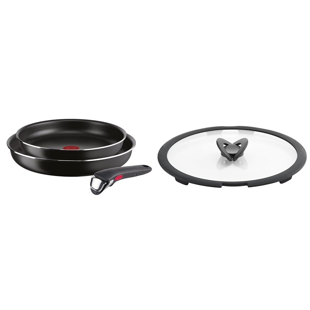 Lagostina Ingenio Essential Plus Set di Pentole e Padelle Antiaderenti in Alluminio per Gas e Forno & Ingenio Induction Coperchio in Vetro e Silicone, Nero e Trasparente, 28 cm