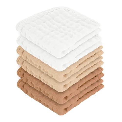MIGIOL Baby Washcloths 100% Cotton Size is 12x12 inches. Lightweight, Portable, and Ideal for use at Home or on The go.(White & Coffee 6 Pieces)