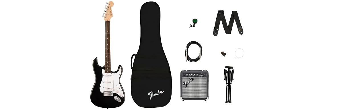 Squier by Fender Debut Collection Stratocaster Electric Guitar Pack. Includes Frontman 10G Amp, Gig Bag, Strap, Cable, Picks, Tuner, Stand, Extra Strings + 3 month Subscription to Fender Play