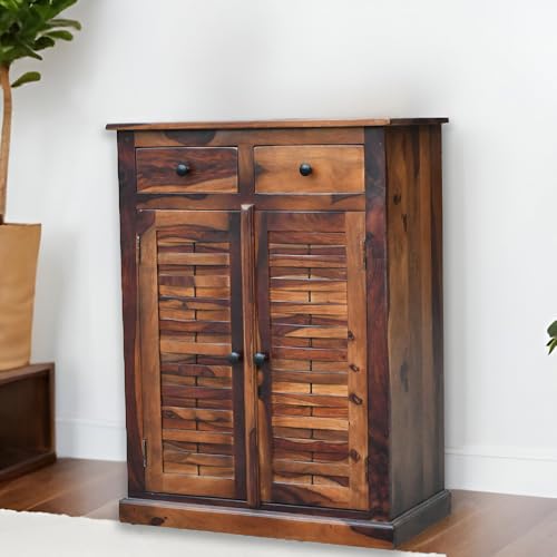 Image of Royaloak Ruby 2 Door Shoe Rack | Sheesham Wood Shoe Stand With Drawer Storage | Durable & Long Lasting | 3 Shelves Ample Storage | Emperor Collection | Wooden Shoe Rack for Home