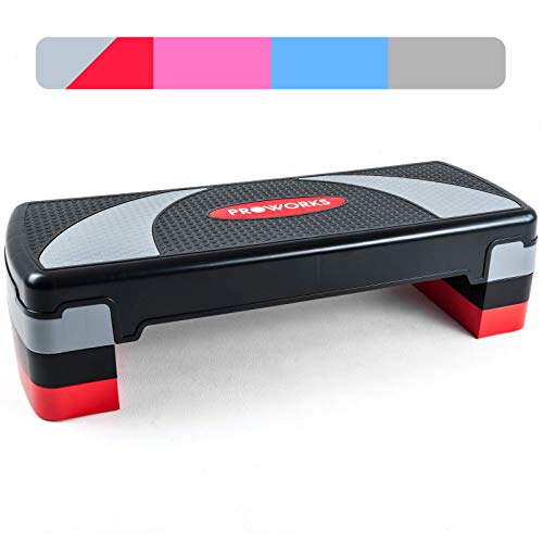 Proworks Aerobic Step - Height Adjustable Exercise Step for Home Gym Strength & Cardio Fitness Training, 20cm, 15cm or 10cm - Black, Grey & Red