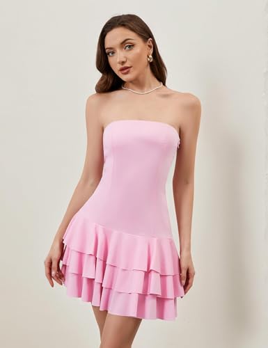 Image of Meladyan Women's 2025 Summer Strapless Tube Dress Sexy Off Shoulder Ruffle Tiered Flowy Mini Dresses