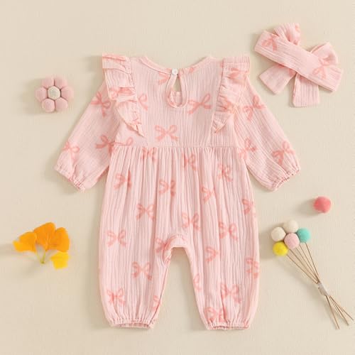 Infant Baby Girl Outfit Smocked Linen Ruffle Bubble Romper One Piece Strawberry Bow Printed Ruffle Jumpsuit Headband4