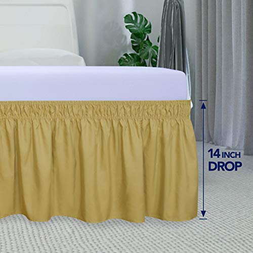PureFit Wrap Around Ruffled Bed Skirt with Adjustable Elastic Belt - 14 Inch Drop Easy to Put On, Wrinkle Free Bedskirt Dust Ruffles, Bed Frame Cover for Twin,Twin XL and Full Size Beds, Gold