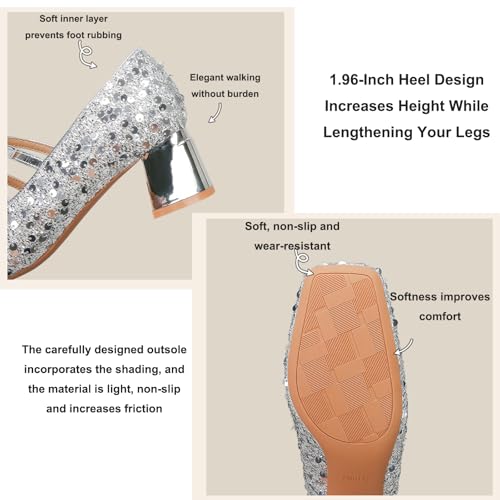 Women's Sequined Chunky Heel Mary Jane Shoes Elegant Round Toe Double Straps Shiny Dating Party Wedding Formal Pumps4