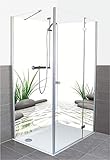 ARTLAND Duschrückwand Eck mit Motiv Fliesenersatz Alu Rückwand Dusche Verkleidung wasserfest Duschwand Bad 2 Segmente V2 Wunschmaß Natur Wellness Zen Spa 3D Steine Gras T6CD