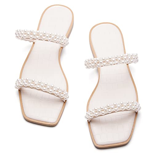 Coutgo Womens Flat Sandals Square Open Toe Pearl Two Strap Slip On Beach Slide Dressy Sandal4