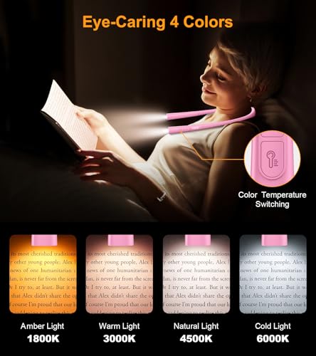 Image of Gritin Book Light, Eye Caring 4-Color&5-Brightness Neck Light Reading Light | Stepless Dimming, 30-min Timer, 80+ Hrs Runtime, Bendable Round Neck Design,Lightweight for Reading, Knitting, Repairing-Rose