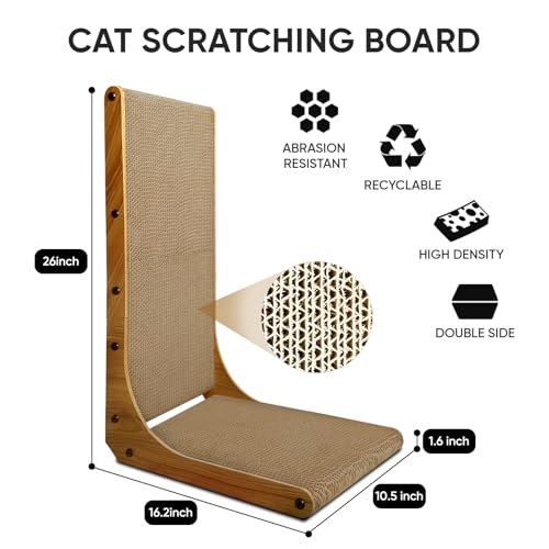 Image of Cat Scratcher, 26 inch L Shape Cat Scratching Pad for Indoor Cats, Durable Sustainable Cardboard Scratcher with Box, Recyclable Vertical Cat Scratch Pad to Protect Furniture, Large