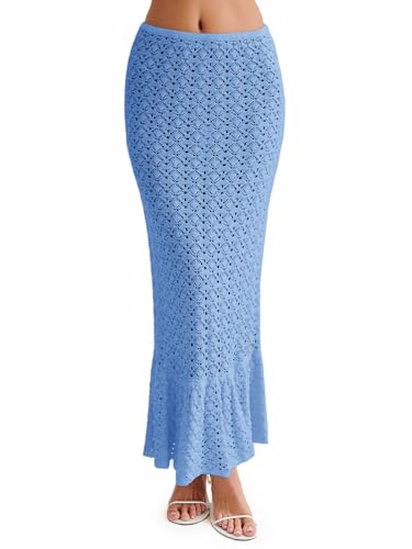 Saodimallsu Womens Crochet Cover Up Skirt High Waisted Sheer Knit Summer Swimsuit Coverup Beach Fishtail Maxi Skirts