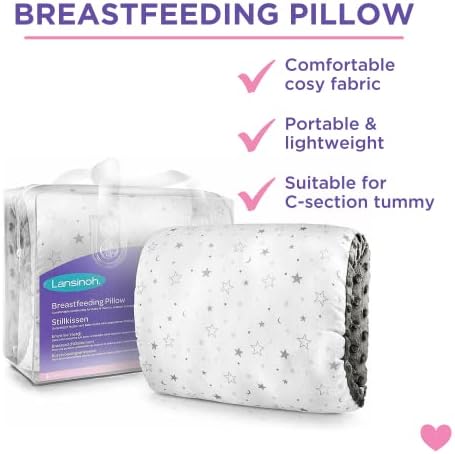 Lansinoh Breastfeeding Pillow for The Arm to Support Nursing Baby as a Cushion, Suitable for All Including c-Section, Portable and Compact, Washable, Light Grey Star Print Fabric