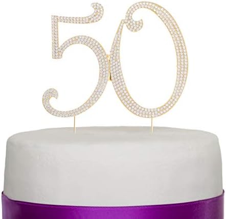 50 Cake Topper for 50th Birthday or Anniversary - Rhinestone Metal Party Decoration (Gold)