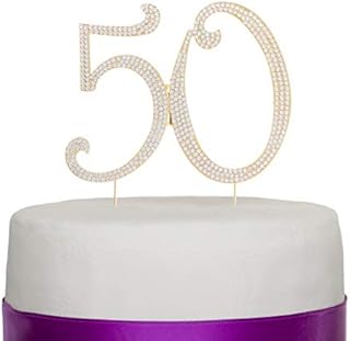 50 Cake Topper for 50th Birthday or Anniversary - Rhinestone Metal Party Decoration (Gold)