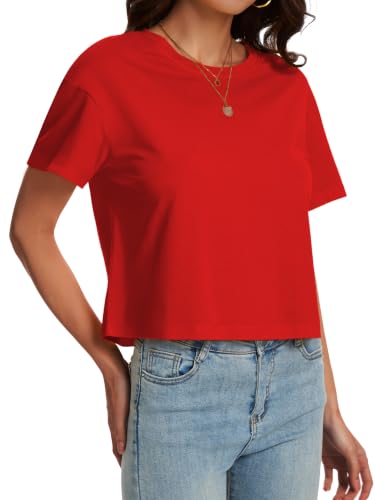 Image of SMENG Women's Crop Tops Cotton Loose Fit Tshirt Basic Short Sleeve Shirt