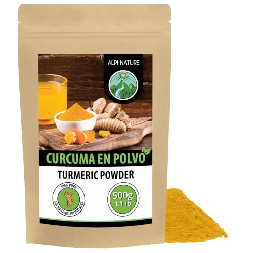 Alpi Nature Cúrcuma en Polvo 500g, Raíz de Cúrcuma Molida para Cocinar y Preparar Leche Dorada