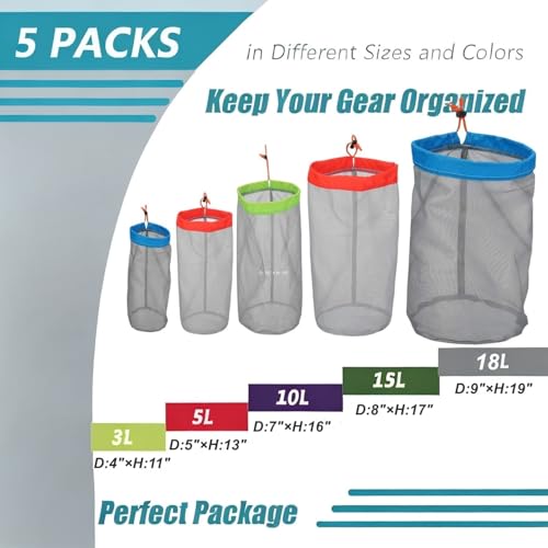 Alemon Small to XXlarge 5 Pcs Drawstring Mesh Stuff Sack, Ditty Bags Storage Pouch Bags Sleeping Bag for Travel Camping Hiking, Ultralight, Set of 5