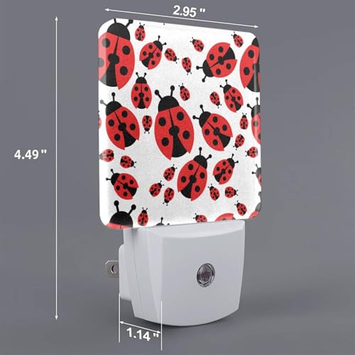 Image of Cartoon Red Ladybug Night Light Set of 2, Auto Sensor LED Dusk-to-Dawn Nightlights, Plug-in Sensor Lamp for Bedroom Bathroom Kitchen Hallway Stairs Decorative