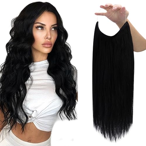Fshine Human Hair Extensions Wire Hair Jet Black 20 Inch 80G Hairpiece Real Human Hair Extensions Transparent Line Human Hair Extension Remy Wire Hair Extensions For Women #TOP15